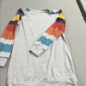 Gray Sweatshirt with Multicolor Striped Sleeves